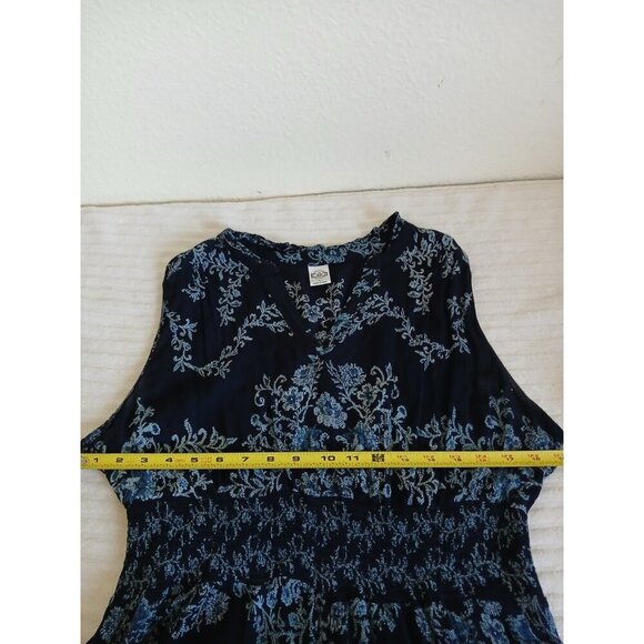 Bila Womens Maxi Dress L Blue Floral Smocked Split Neck Sleeveless Double Slit - Picture 13 of 16